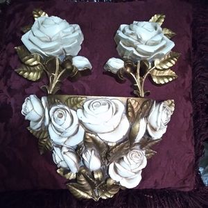 Pair Of Homco Gold / White Roses & Rose Planter
